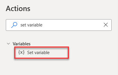 Screenshot showing the Set variable action.