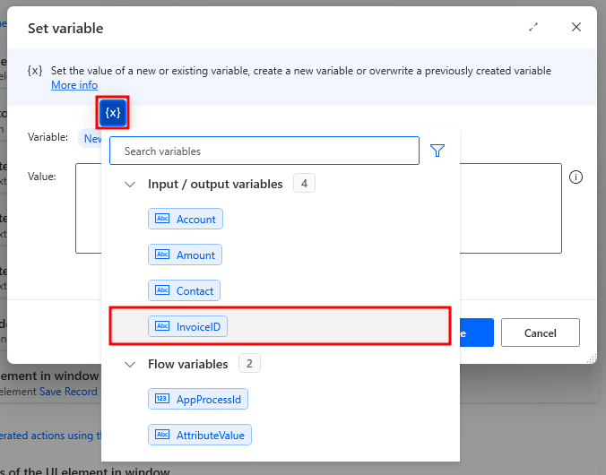 Screenshot showing the Set variable button.