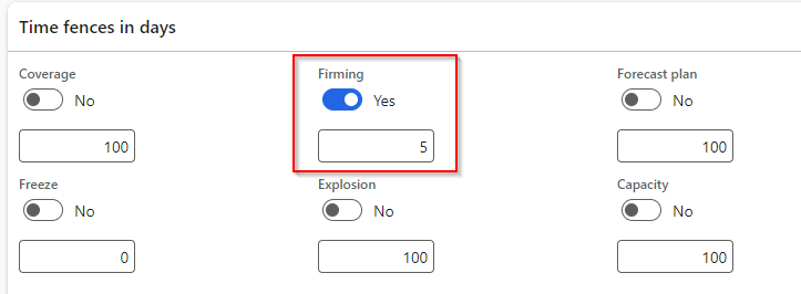  Screenshot of the Time fences in days FastTab.