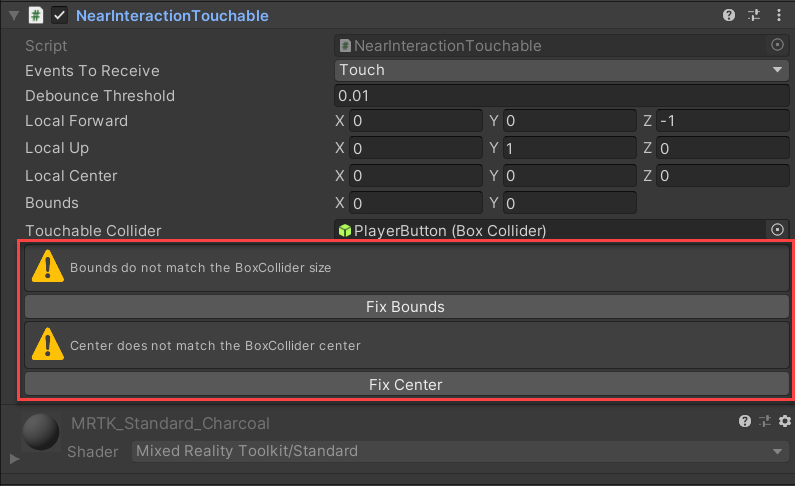 Screenshot of the near interaction touchable properties. The bounds and center properties are highlighted.