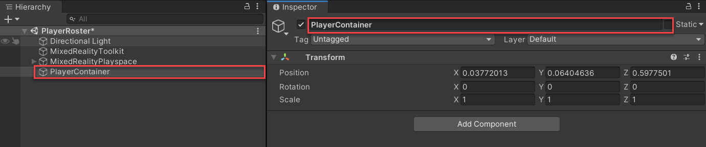 Screenshot of the PlayerContainer object highlighted.