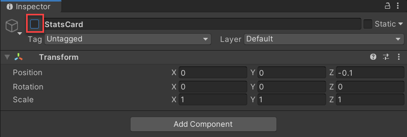 Screenshot of the inspector window for the stats card object. The object is unchecked for visibility.