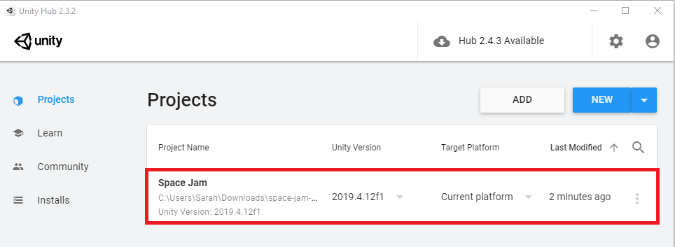 Screenshot of the Unity Hub, with the "Space Jam" project added in the Projects list.