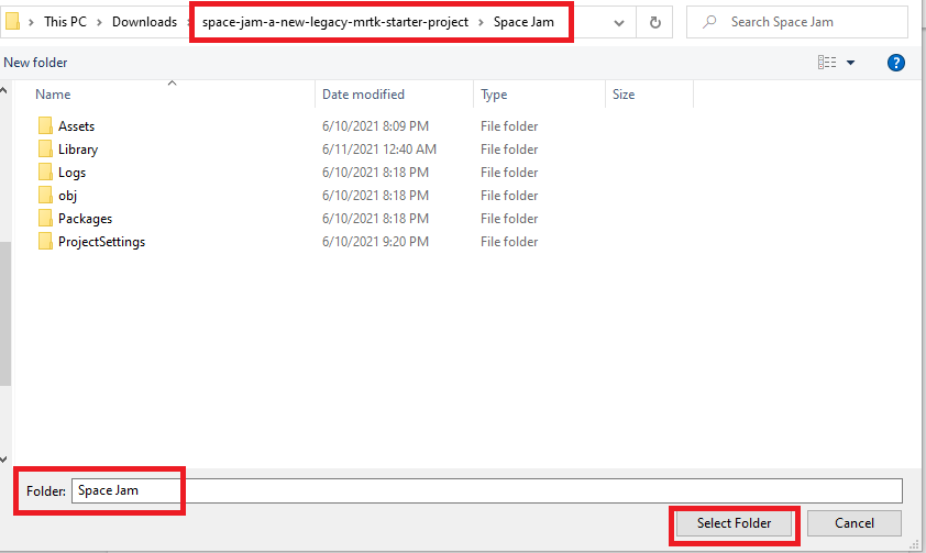 Screenshot of the Unity Hub folder selection popup with the "Space Jam" folder open.