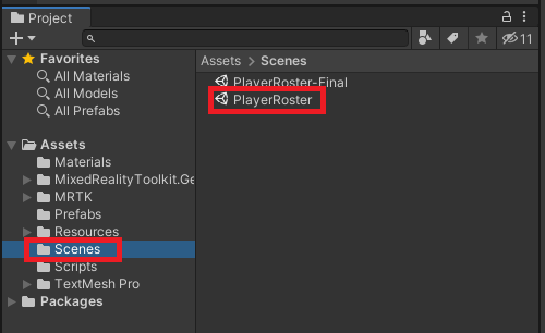 Screenshot of the Unity Project panel, with the Scenes folder highlighted and the PlayerRoster scene highlighted.