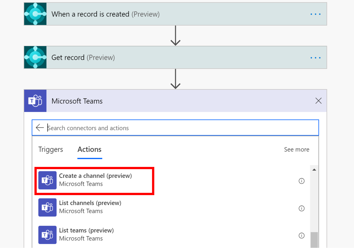 Screenshot of the Microsoft Teams connector with Create a channel action.