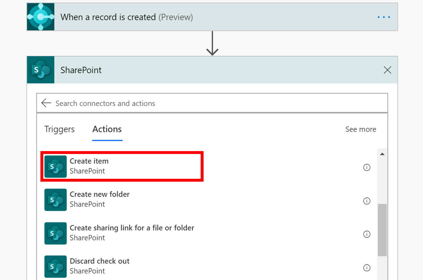 Screenshot of the SharePoint connector and Create item action.