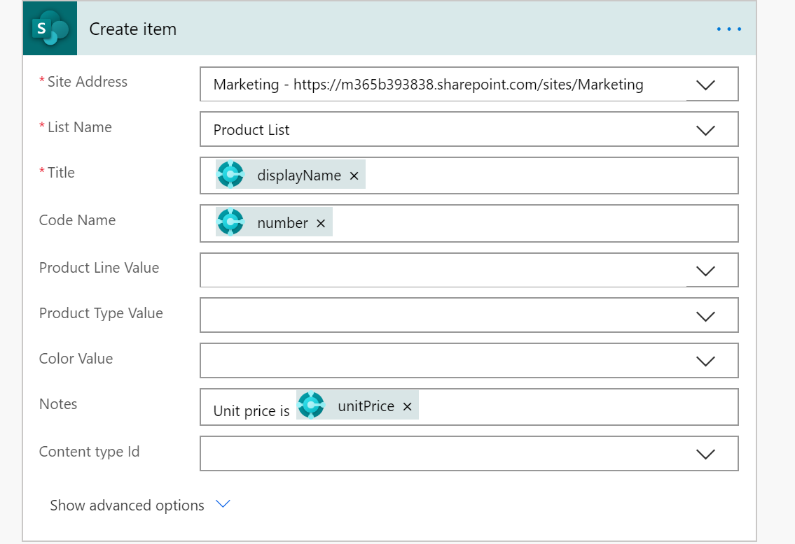 Screenshot of the Create item action detail window.