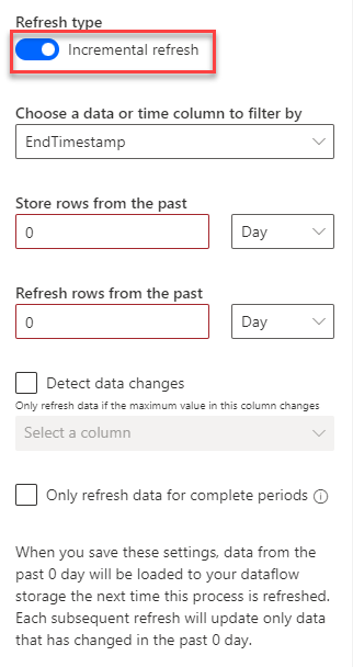 Screenshot showing the incremental data refresh option.