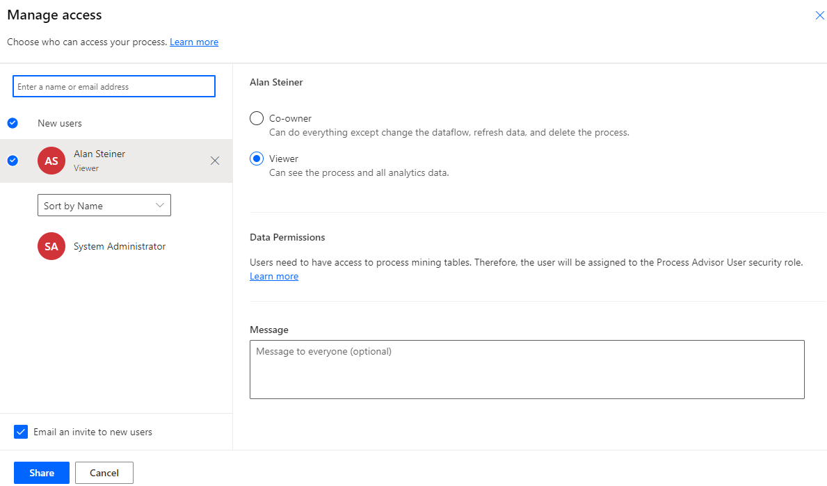 Screenshot showing the Manage access dialog.