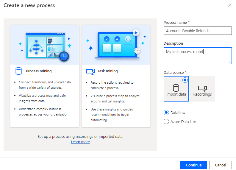 Screenshot of the Create a new process dialog with Import data selected.