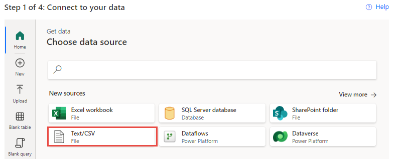 Screenshot of the Choose data source options.