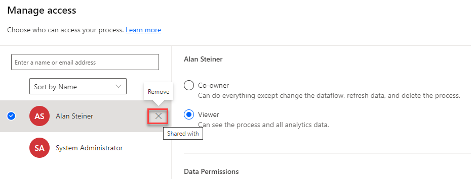 Screenshot showing the remove user button.