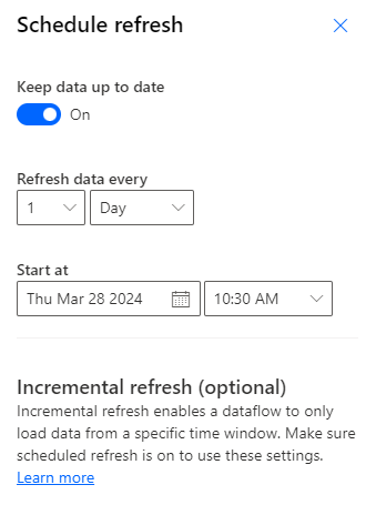 Screenshot showing the Schedule refresh dialog.
