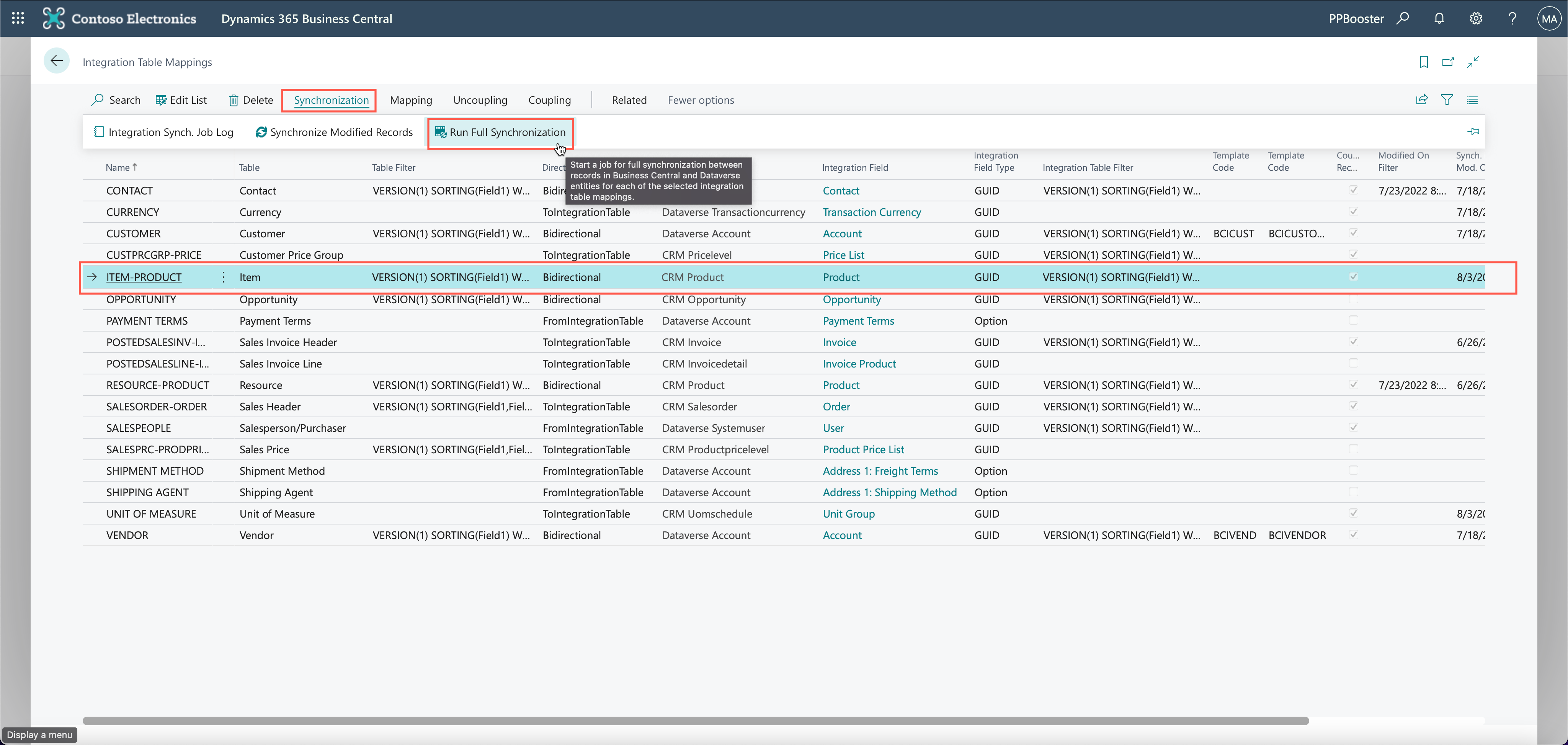 Screenshot of the Run Full Synchronization button, with the Item Product entity highlighted.