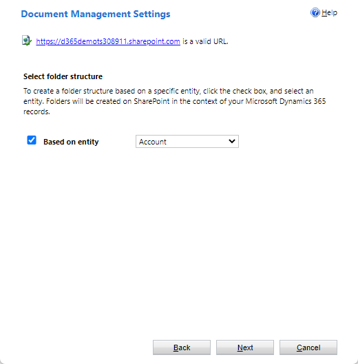 Screenshot of the Select folder structure setting with the Based on entity checkbox selected and the Account entity selected from the dropdown menu.