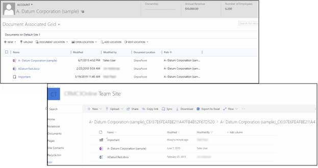 Screenshot of a list of documents that are associated with an Account in Dynamics 365 and in SharePoint.