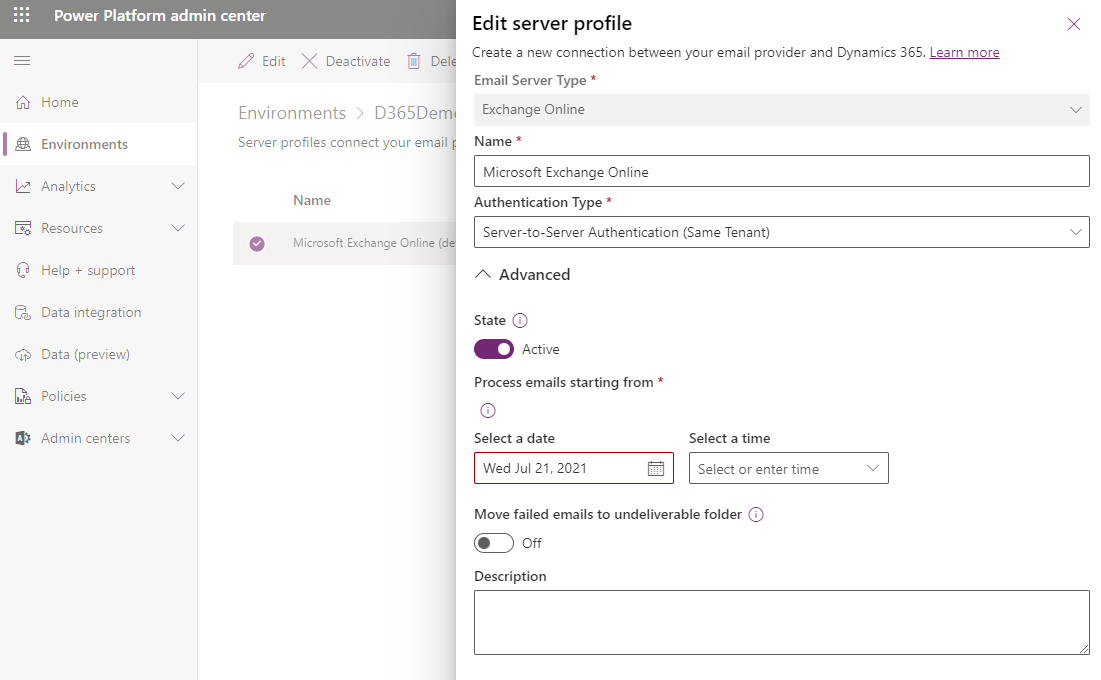 Screenshot of the Edit server profile screen in the Advanced settings section.