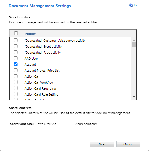 Screenshot of the Document Management Settings screen with the option to specify tables to enable document management.