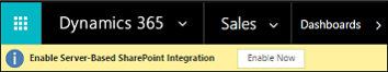Screenshot of banner text showing Enable Server-Based SharePoint Integration with an Enable Now button.
