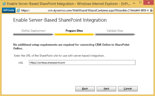 Screenshot of a window showing Enable Server-Based SharePoint Integration on the Prepare Sites step.