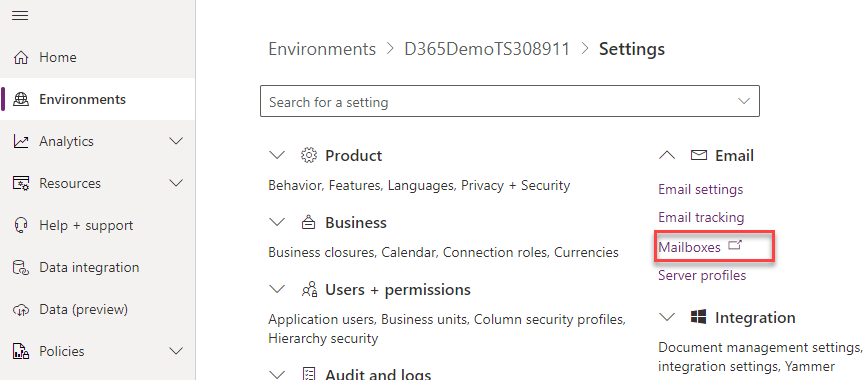 Screenshot showing the Mailboxes section in the environment settings.
