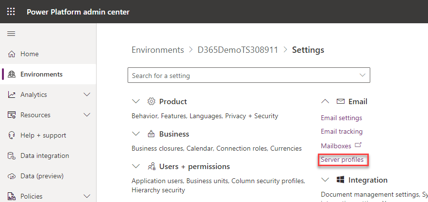 Screenshot showing the Server profiles setting in the environment Settings.