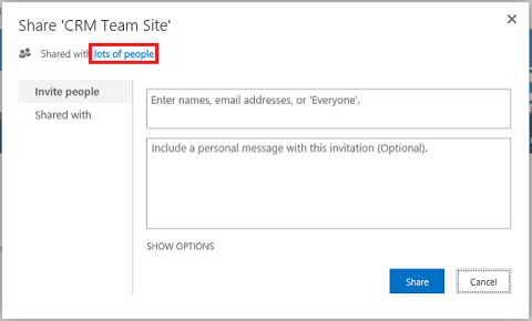 Screenshot showing how to view permissions by selecting lots of people on the SharePoint share option.