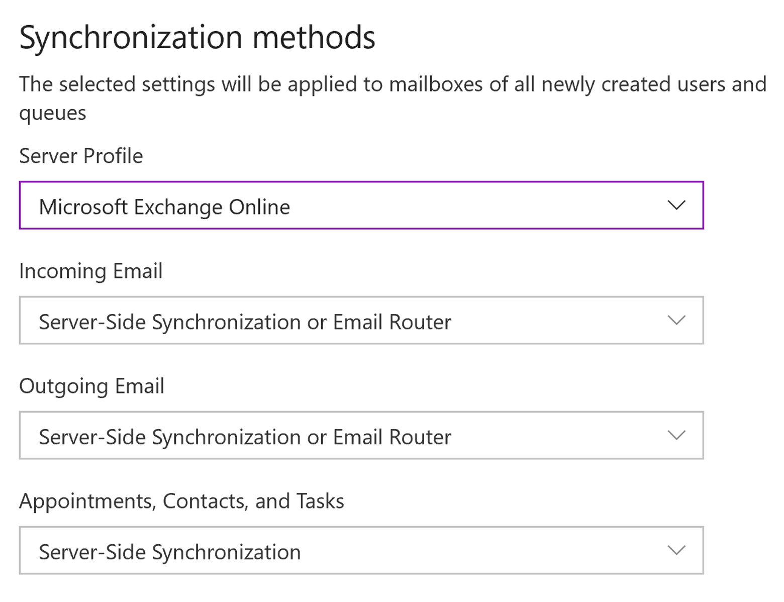 Screenshot of the Synchronization methods screen, showing Microsoft Exchange Online selected as the Server Profile.