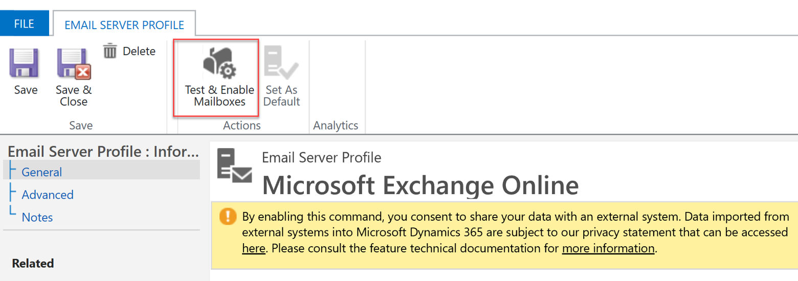 Screenshot of the Test and Enable Mailboxes button at the top of the configuration screen.
