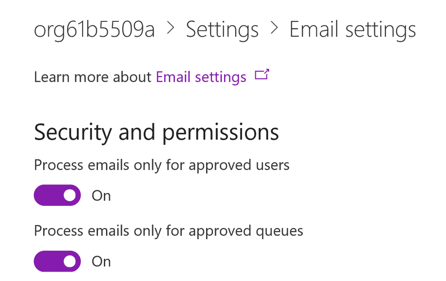 Screenshot of the Email settings page showing the Security and permissions toggles.