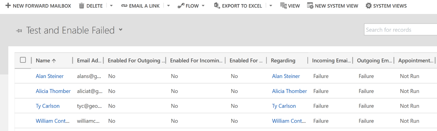 Screenshot of the Test and Enable Failed view showing all failed mailboxes.