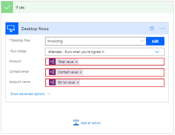 Screenshot of the If yes dialog with Run a flow build with Power Automate for desktop nested.