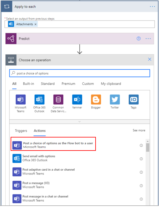 Screenshot of the Apply to each screen and the Choose an operation section, showing a search for post a choice of options.