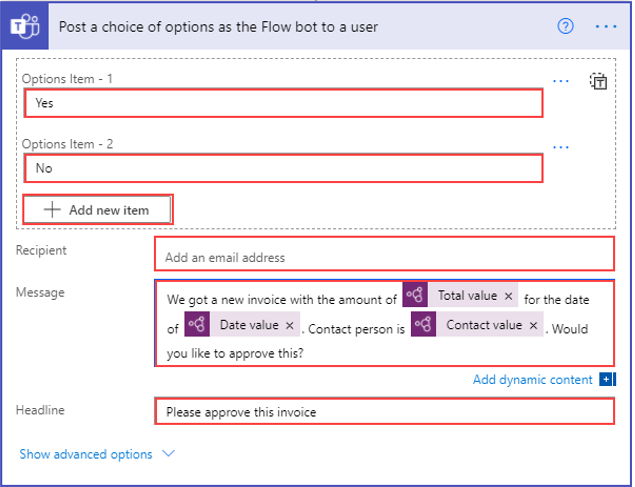 Screenshot of the Post a choice of options as the Flow bot to a user dialog.