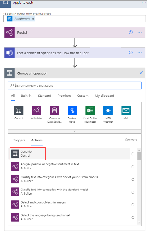 Screenshot of the Choose an operation dialog, showing the Actions tab with Condition highlighted.