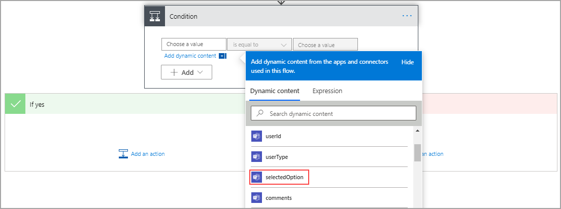 Screenshot of the Condition dialog with Dynamic content selected and selectedOption highlighted.