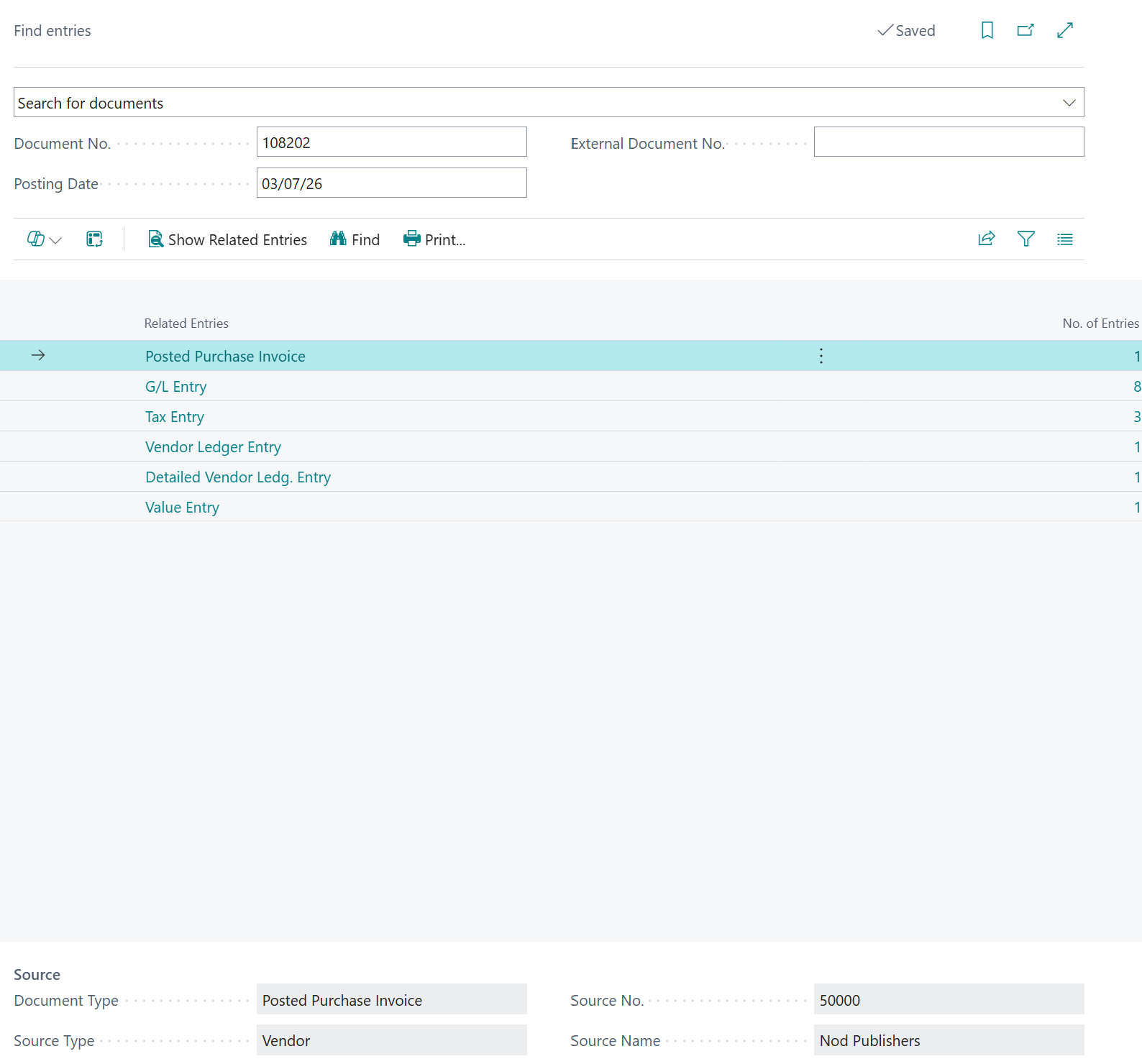 Screenshot of the Find entries results page showing related entries including a Posted Purchase Invoice, G/L Entry, Tax Entry, and Source section at the bottom.