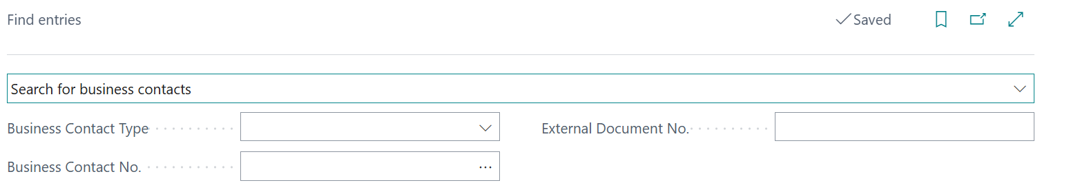 Screenshot of the Find entries page with Search for business contacts selected, showing Business Contact Type and Business Contact No. fields.