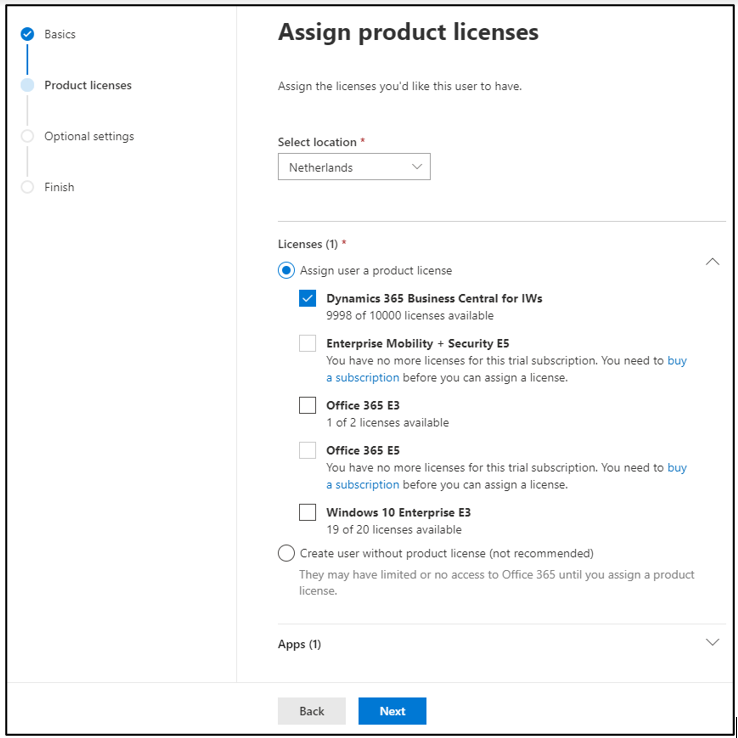 Screenshot of the Assign product licenses page.