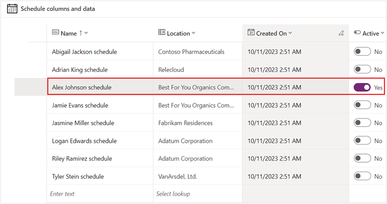 Screenshot of a person's schedule with Active set to Yes.