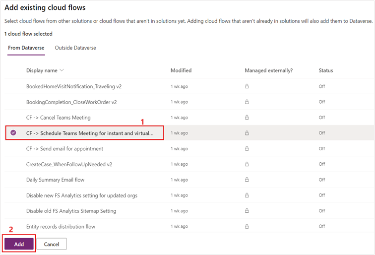Screenshot of Power Apps with the Add existing menu expanded and Cloud flow selected.