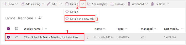 Screenshot of Solutions > LamnaHealthCare with C F Schedule Teams Meeting added.