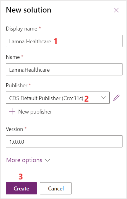 Screenshot of the New solution dialog filled in.