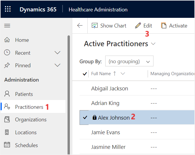 Screenshot of the Dynamics 365 Healthcare Administration Practioners view of Active Practitioners.