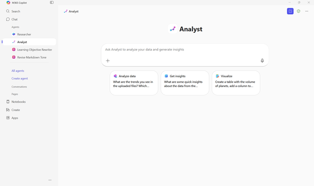 A screenshot of the Copilot desktop app with Agents selected.