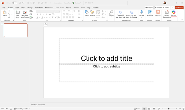 A screenshot of PowerPoint with the Copilot icon highlighted.