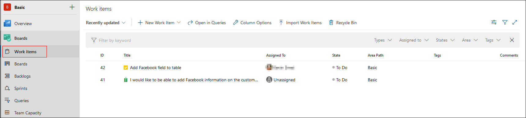 Screenshot of the Azure Boards Work Items.