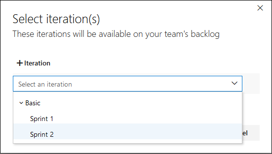 Screenshot of the Select interactions screen to link iterations to a Team.