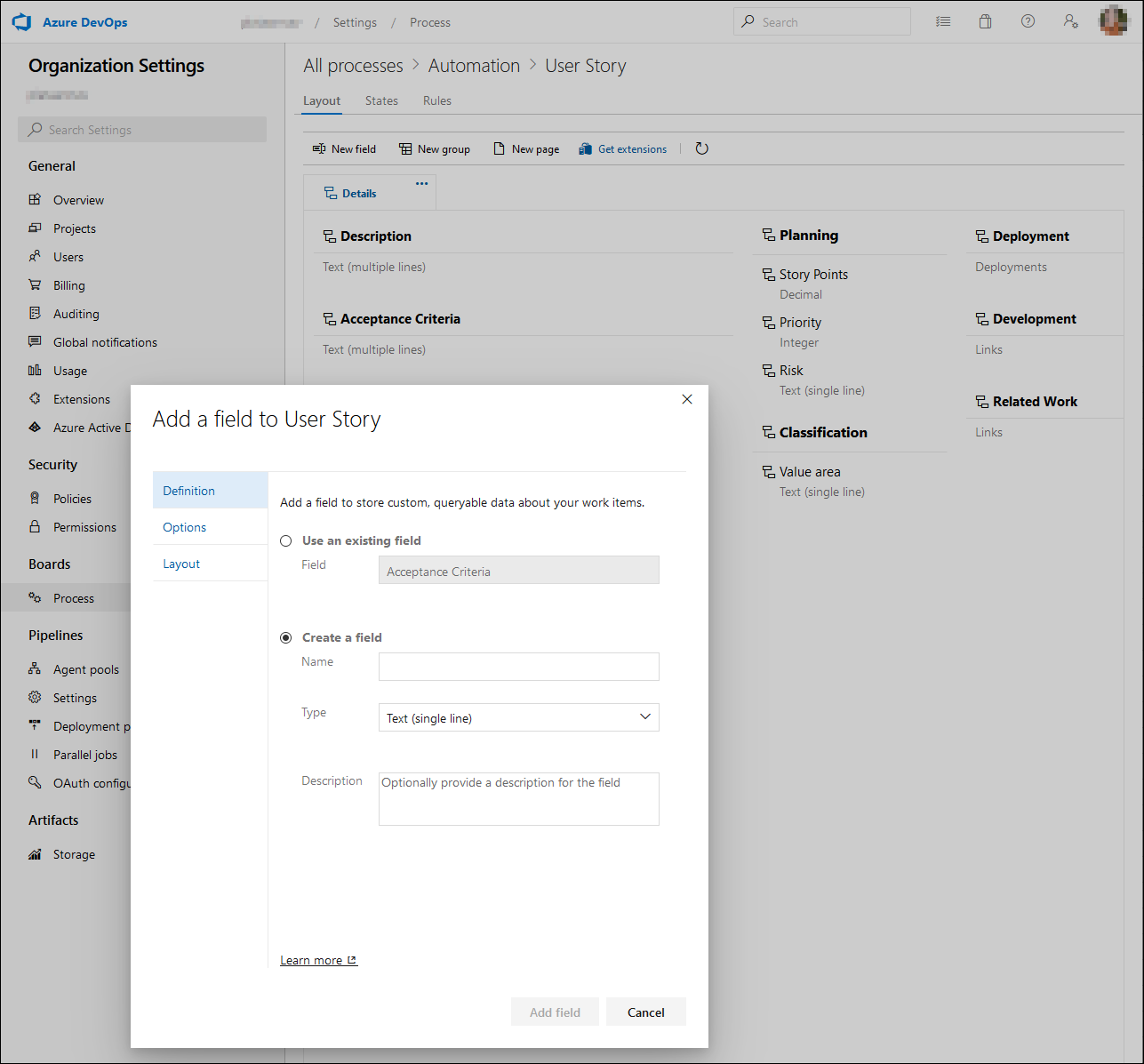 Screenshot of the new work item manage fields feature.